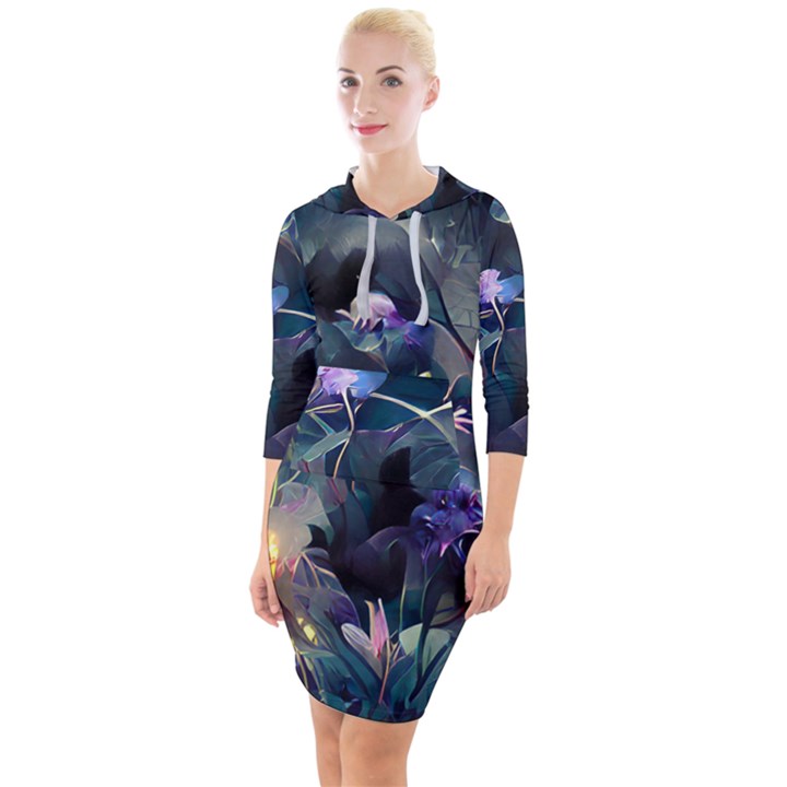 Dark floral Quarter Sleeve Hood Bodycon Dress