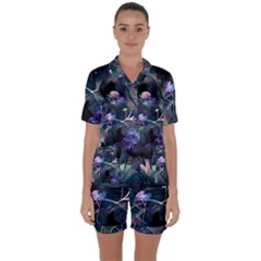 Dark Floral Satin Short Sleeve Pajamas Set by Dazzleway