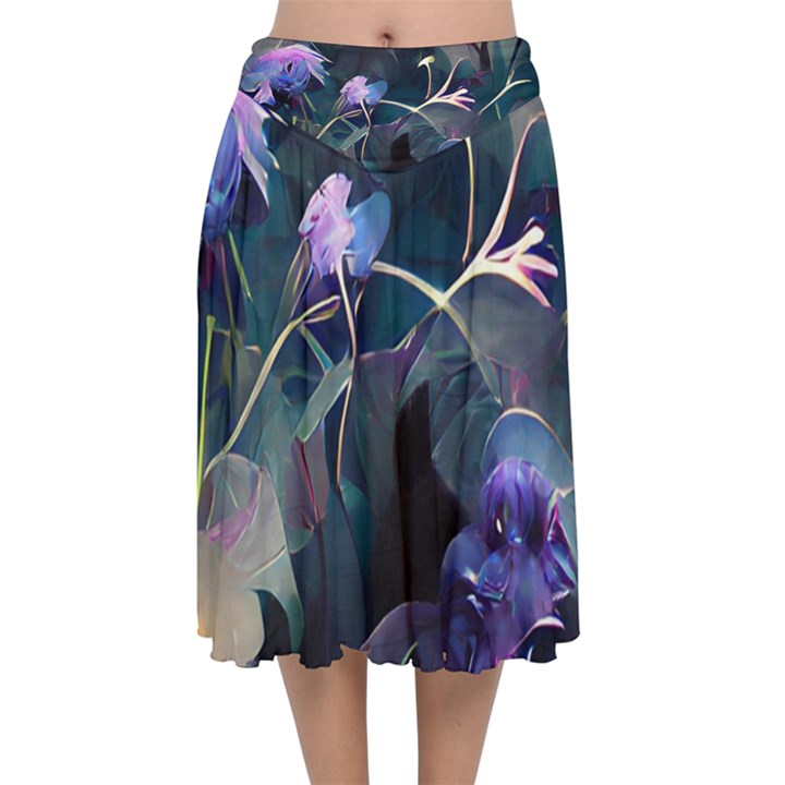 Dark floral Velvet Flared Midi Skirt