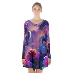 Floral Long Sleeve Velvet V-neck Dress by Dazzleway