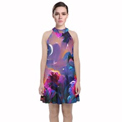 Floral Velvet Halter Neckline Dress  by Dazzleway