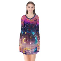 Galaxy Glass Long Sleeve V-neck Flare Dress by Dazzleway