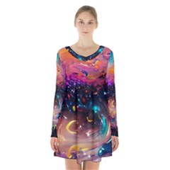 Galaxy Glass Long Sleeve Velvet V-neck Dress