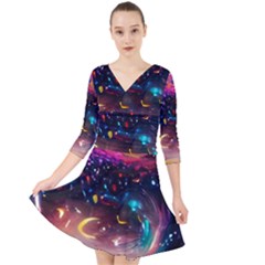 Galaxy Glass Quarter Sleeve Front Wrap Dress by Dazzleway