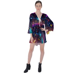 Galaxy Glass V-neck Flare Sleeve Mini Dress by Dazzleway