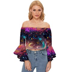 Galaxy Glass Off Shoulder Flutter Bell Sleeve Top