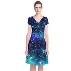 Blue Galaxy Short Sleeve Front Wrap Dress by Dazzleway