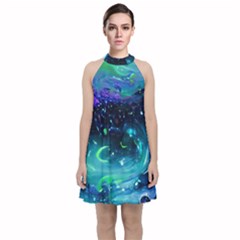 Blue Galaxy Velvet Halter Neckline Dress 