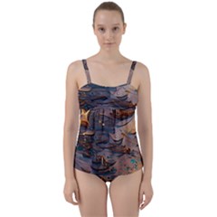 Sky Ship Twist Front Tankini Set by Dazzleway