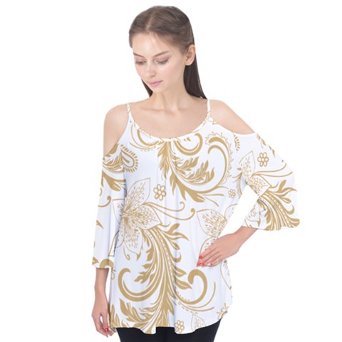 Flowers Shading Pattern Flutter Sleeve Tee  by fashionpod