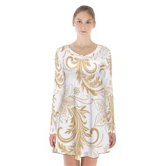 Flowers Shading Pattern Long Sleeve Velvet V-neck Dress