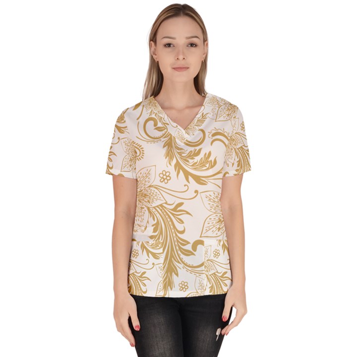 Flowers Shading Pattern Women s V-Neck Scrub Top