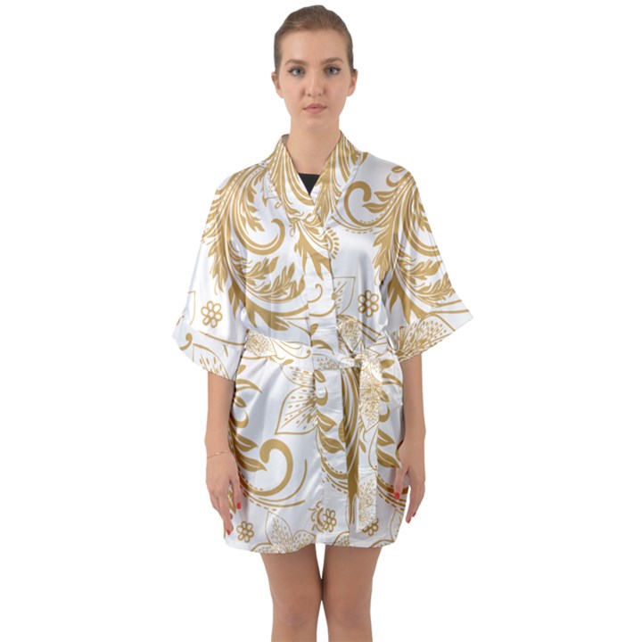 Flowers Shading Pattern Half Sleeve Satin Kimono 