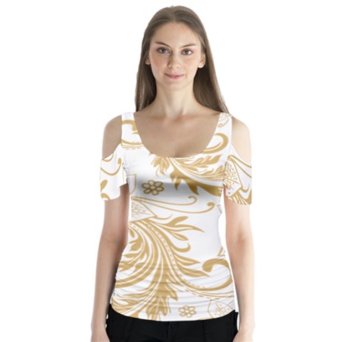 Flowers Shading Pattern Butterfly Sleeve Cutout Tee  by fashionpod