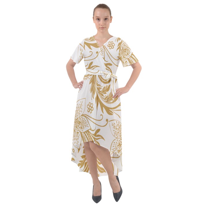 Flowers Shading Pattern Front Wrap High Low Dress