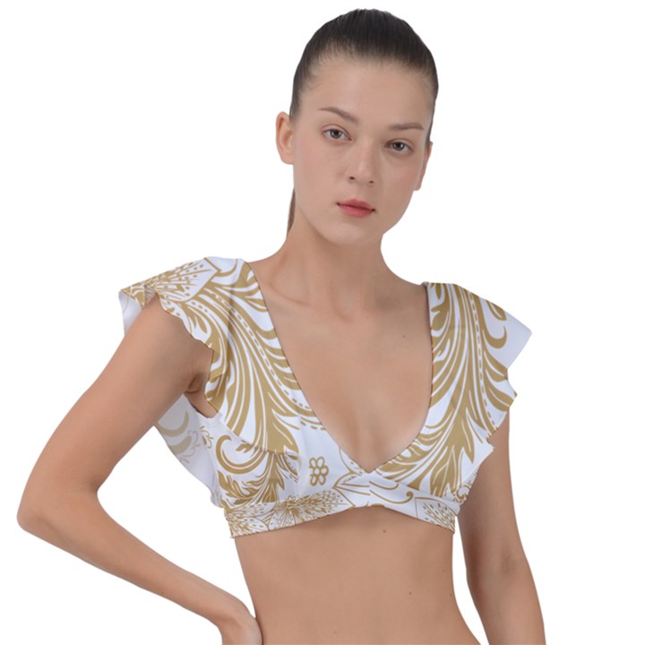 Flowers Shading Pattern Plunge Frill Sleeve Bikini Top