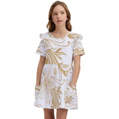 Flowers Shading Pattern Kids  Frilly Sleeves Pocket Dress