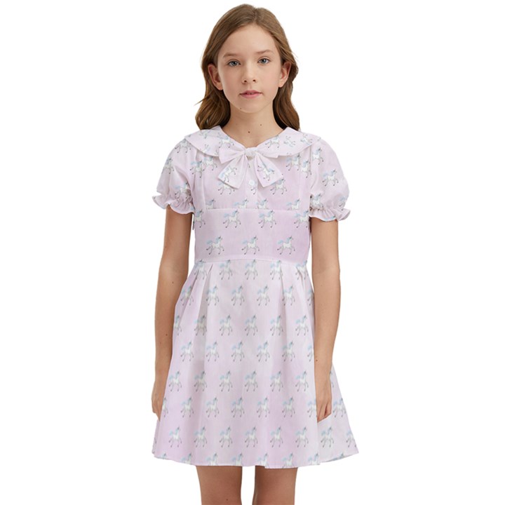 unicorns pattern Kids  Bow Tie Puff Sleeve Dress