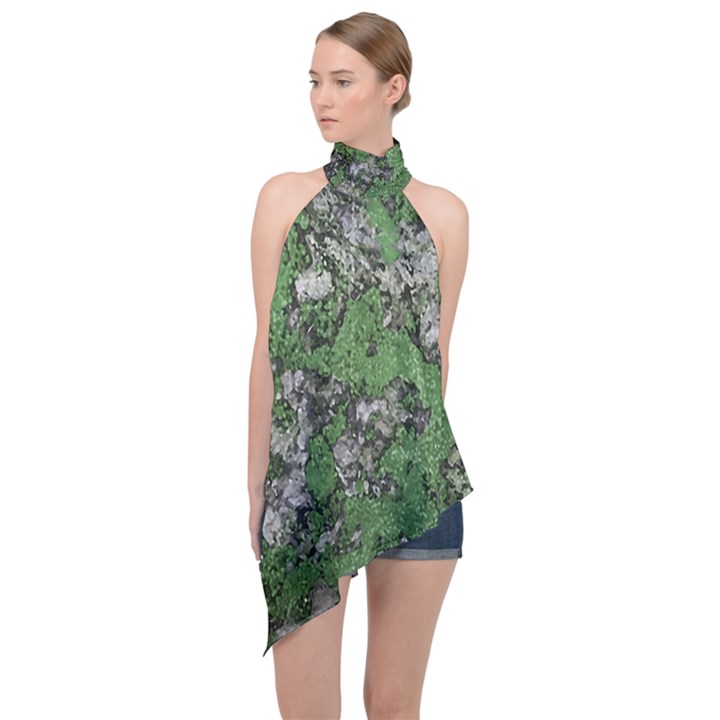 Modern Camo Grunge Print Halter Asymmetric Satin Top