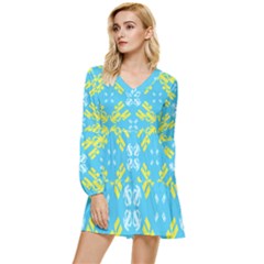 Abstract Pattern Geometric Backgrounds   Tiered Long Sleeve Mini Dress