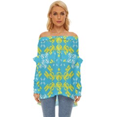 Abstract Pattern Geometric Backgrounds   Off Shoulder Chiffon Pocket Shirt