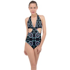 Abstract Pattern Geometric Backgrounds   Halter Front Plunge Swimsuit by Eskimos