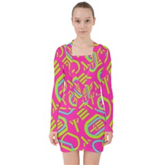 Abstract Pattern Geometric Backgrounds   V-neck Bodycon Long Sleeve Dress by Eskimos