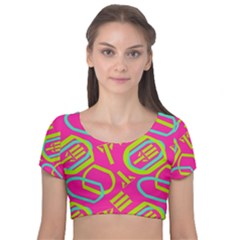 Abstract Pattern Geometric Backgrounds   Velvet Short Sleeve Crop Top  by Eskimos