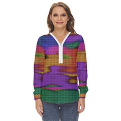 Puzzle Landscape In Beautiful Jigsaw Colors Zip Up Long Sleeve Blouse