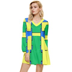 Abstract Pattern Geometric Backgrounds   Tiered Long Sleeve Mini Dress by Eskimos