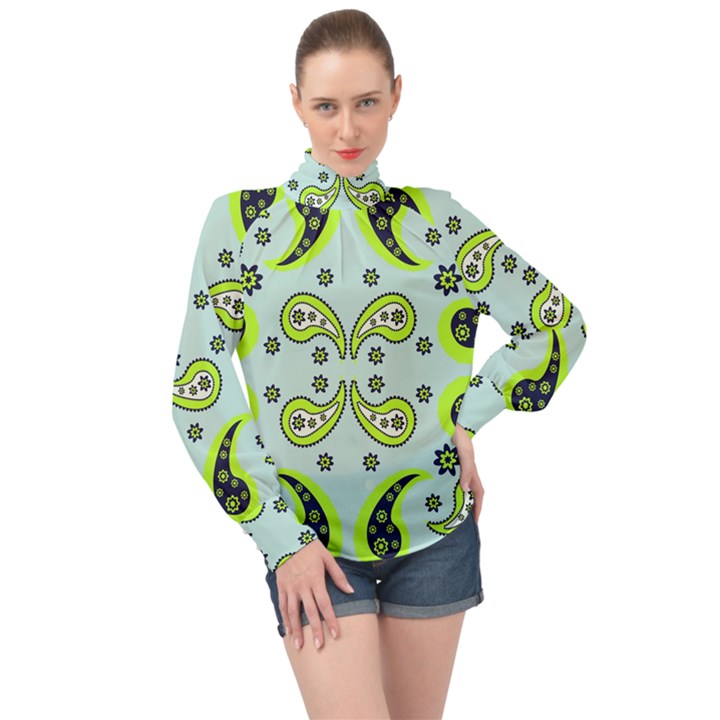 Floral pattern paisley style  High Neck Long Sleeve Chiffon Top