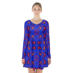 Floral Pattern Paisley Style  Long Sleeve Velvet V-neck Dress by Eskimos