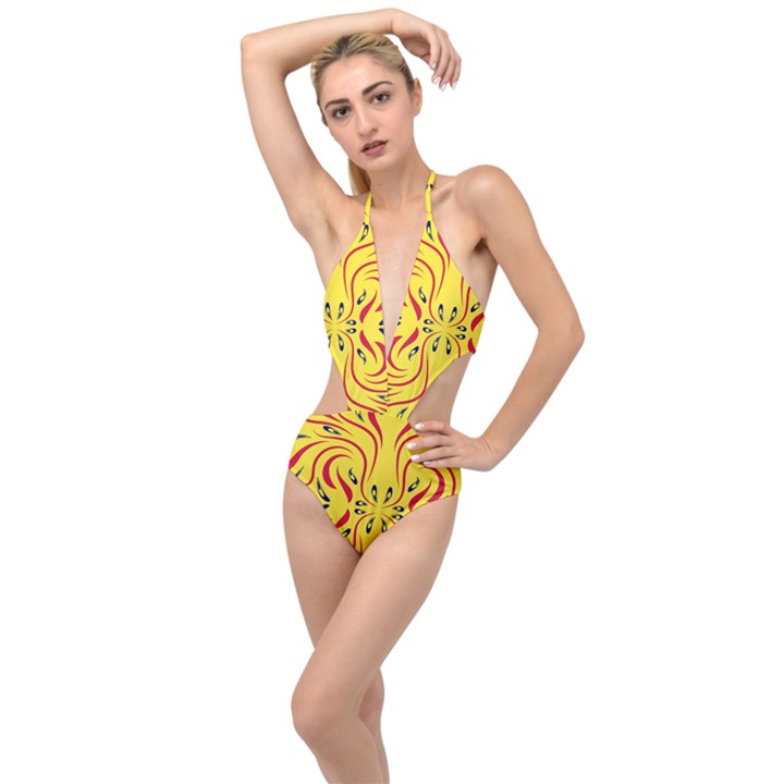 Floral folk damask pattern  Plunging Cut Out Swimsuit