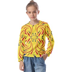 Floral Folk Damask Pattern  Kids  Long Sleeve Tee With Frill 