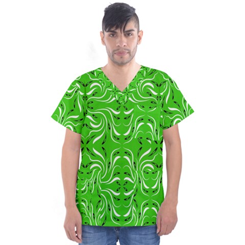 Floral Folk Damask Pattern  Men s V-neck Scrub Top by Eskimos