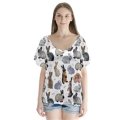 Funny Bunny V-neck Flutter Sleeve Top by SychEva