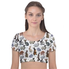 Funny Bunny Velvet Short Sleeve Crop Top  by SychEva