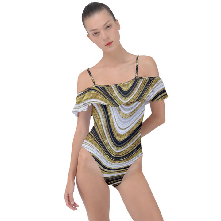 Gold Glitter Marble Background 2 Frill Detail One Piece Swimsuit