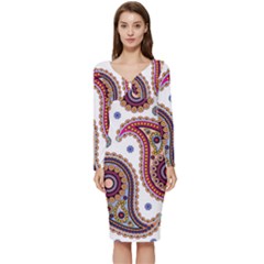 Paisley Pattern Long Sleeve V-neck Bodycon Dress 