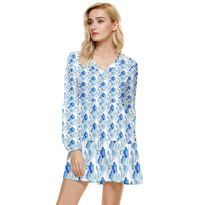 Flowers Pattern Tiered Long Sleeve Mini Dress