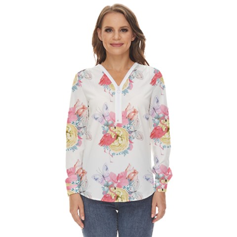 Flamingos Zip Up Long Sleeve Blouse by Sparkle