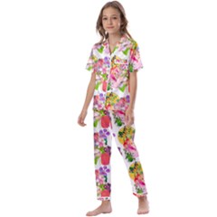 Flowers Pattern Kids  Satin Short Sleeve Pajamas Set