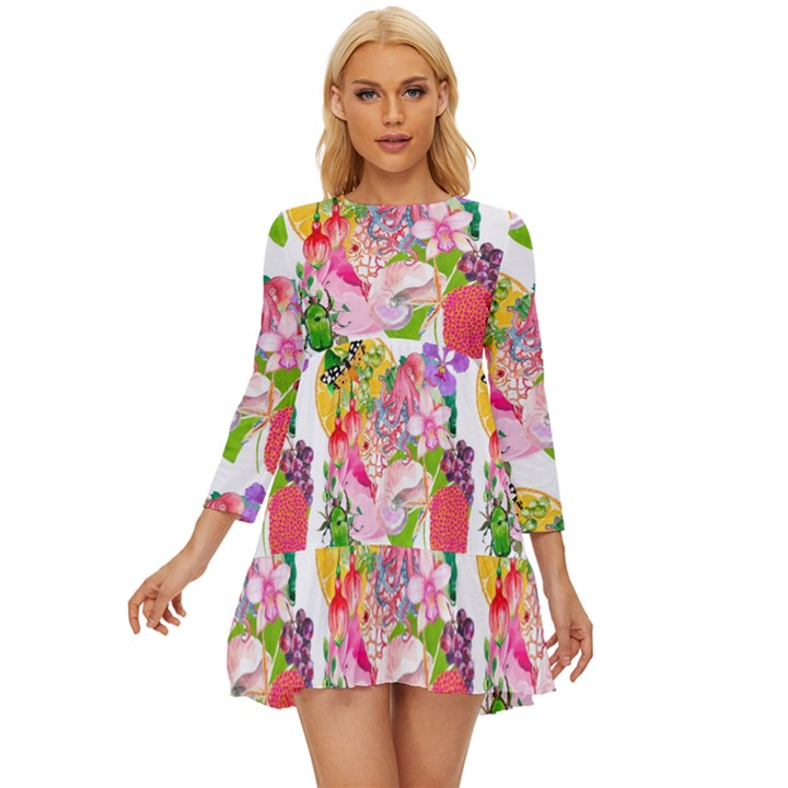 Flowers Pattern Long Sleeve Babydoll Dress