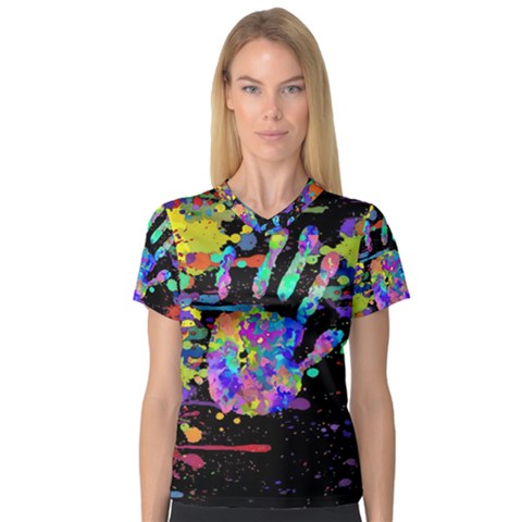 Crazy Multicolored Each Other Running Splashes Hand 1 V-neck Sport Mesh Tee by EDDArt