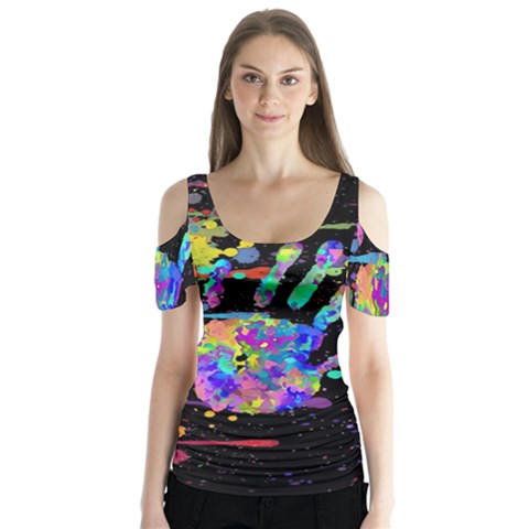 Crazy Multicolored Each Other Running Splashes Hand 1 Butterfly Sleeve Cutout Tee  by EDDArt