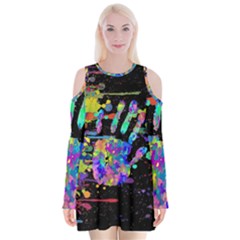 Crazy Multicolored Each Other Running Splashes Hand 1 Velvet Long Sleeve Shoulder Cutout Dress