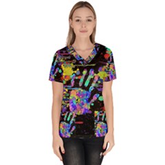 Crazy Multicolored Each Other Running Splashes Hand 1 Women s V-neck Scrub Top by EDDArt