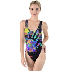 Crazy Multicolored Each Other Running Splashes Hand 1 High Leg Strappy Swimsuit