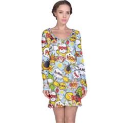 Comic Pow Bamm Boom Poof Wtf Pattern 1 Long Sleeve Nightdress by EDDArt