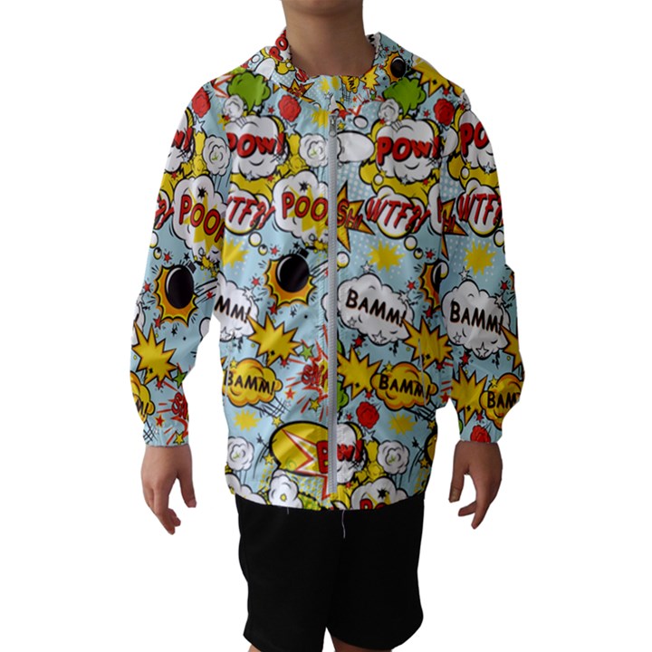 Comic Pow Bamm Boom Poof Wtf Pattern 1 Kids  Hooded Windbreaker